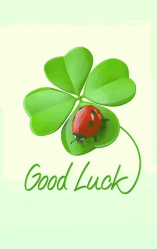 A four-leaf clover with a ladybug appears above cursive green “Good Luck.”