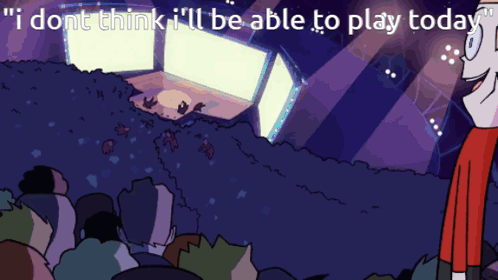 a cartoon scene with the words " i dont think i 'll be able to play today " on the bottom