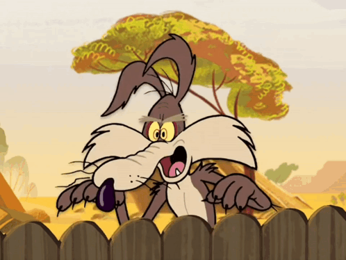 a cartoon coyote is sticking its tongue out over a fence
