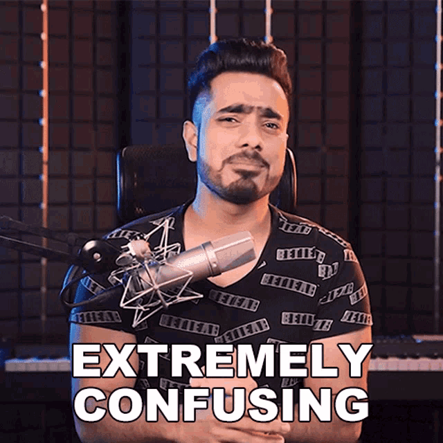 a man in front of a microphone with the words " extremely confusing " on the bottom