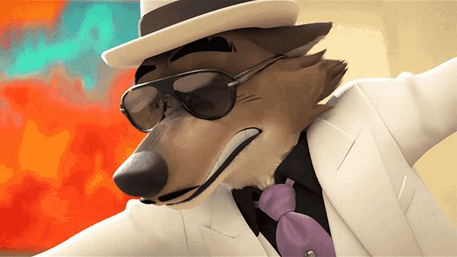 a cartoon wolf wearing a white suit and a hat