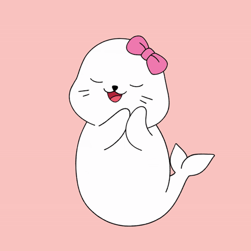 A bashful white seal with a pink bow clasps its flippers on a pink background.