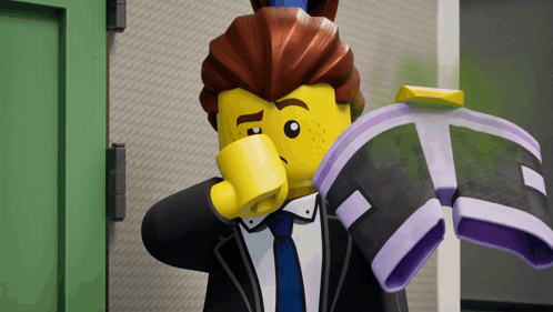 a lego man in a suit and tie is holding a pair of purple shoes