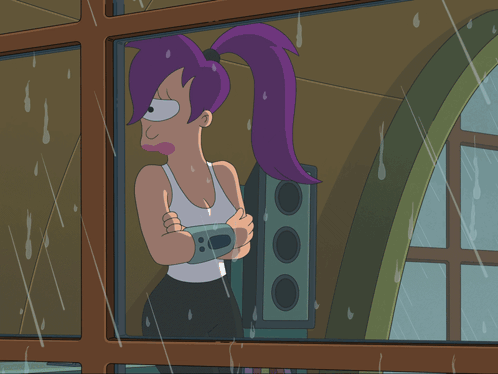 a cartoon character with purple hair is looking out a window in the rain