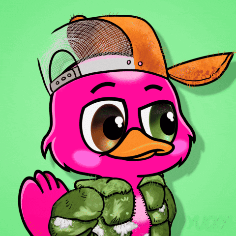 a cartoon of a pink duck wearing a hat and jacket