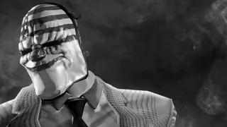 a man in a suit and tie is wearing a mask on his face in a black and white photo .