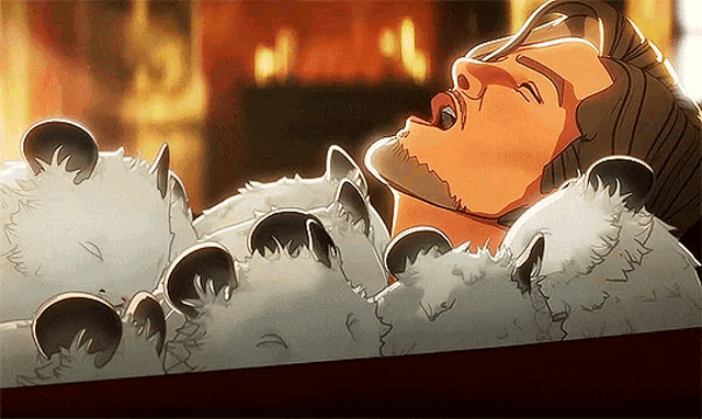 a cartoon of a man laying on a pile of sheep .