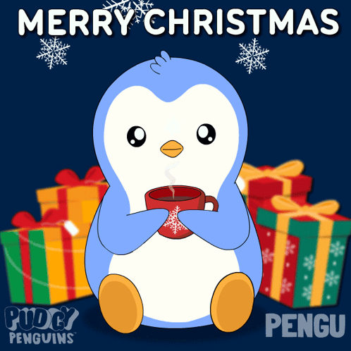 a penguin is holding a cup of hot chocolate with the words merry christmas behind it