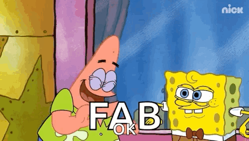 patrick star and spongebob squarepants are standing next to each other and laughing .
