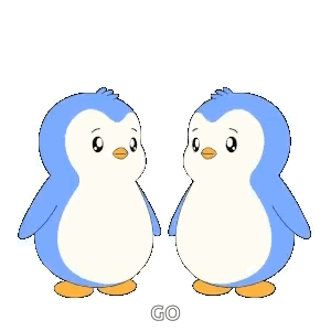 two blue and white penguins are standing next to each other and waving their arms .
