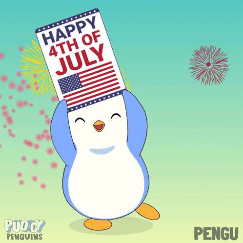 a penguin holding a sign that says " happy 4th of july "
