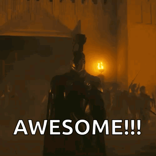 A shadowy figure approaches through a smoky orange-lit scene with “AWESOME!!!” text.