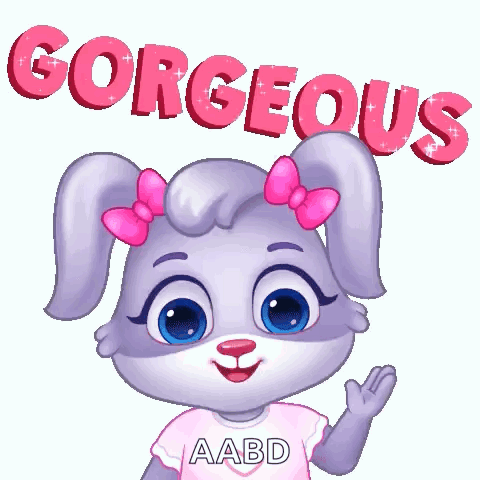A cute white-and-purple cartoon puppy waves beneath “GORGEOUS” text.