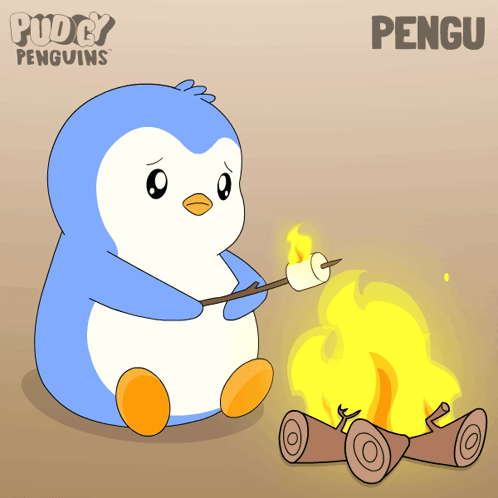 A blue penguin warms a marshmallow over a campfire.