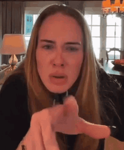 a woman with long blonde hair is pointing at the camera .