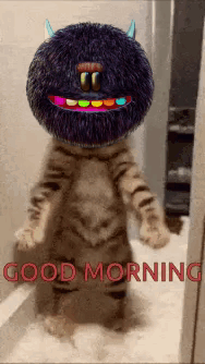 a picture of a cat with a monster face and the words " good morning " on the bottom