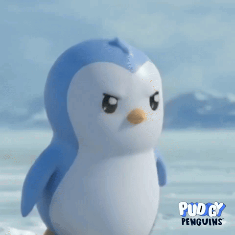 a blue and white penguin with the word pudgy penguins written on the bottom