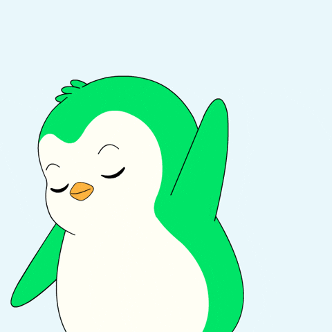 A green-and-white abstract bird-like character leans and dances against a pale blue background.
