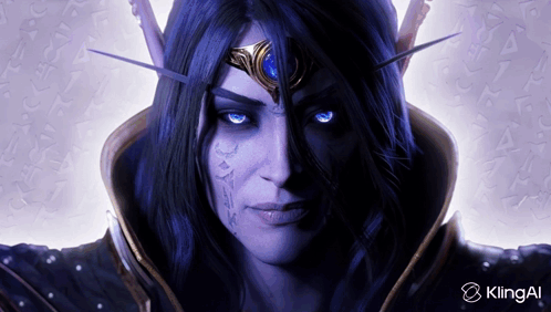A purple-skinned fantasy elf looks forward with a stern expression.