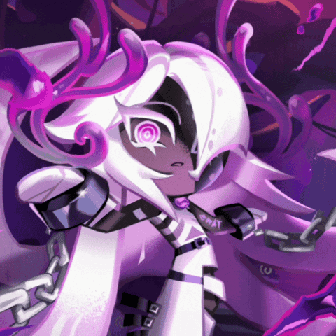 a cartoon character with purple hair and a necklace that says chat