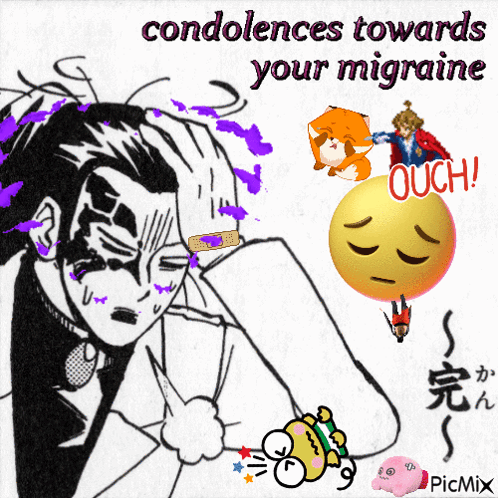 a black and white drawing of a man with the words condolences towards your migraine written on it