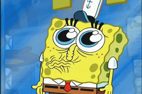 SpongeBob gazes upward with oversized watery eyes.
