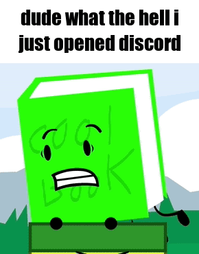 a green book with a face on it and the words dude what the hell i just opened discord