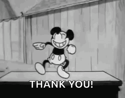 Vintage black-and-white Mickey Mouse dances with the caption “THANK YOU!”