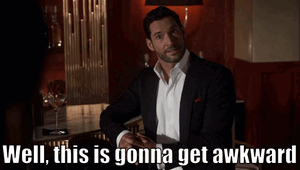 a man in a suit sitting at a bar with the words well this is gonna get awkward