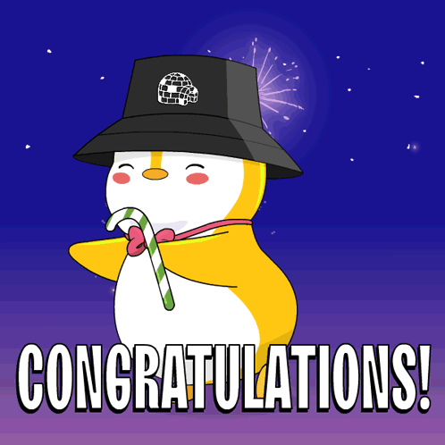 A yellow penguin in a pirate hat holds a flower beside Congratulations text.