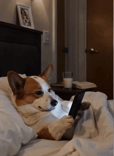 A small dog lies under bedding while holding a phone.