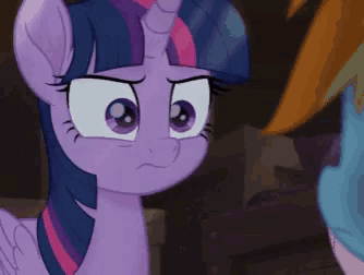 twilight sparkle from my little pony is making a sad face while standing next to another pony .