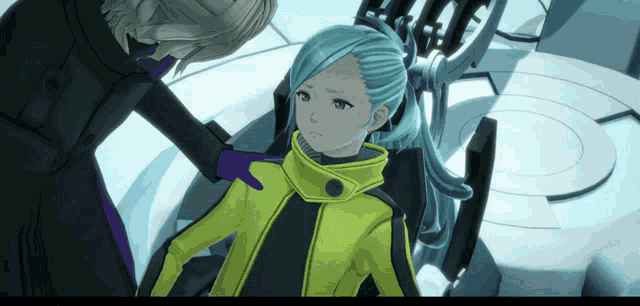 a girl with blue hair is being comforted by a man in a black coat