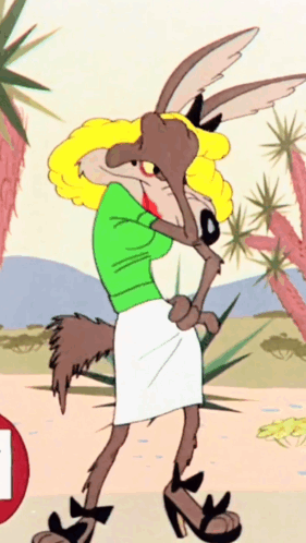 a cartoon of a coyote wearing a green shirt and white skirt