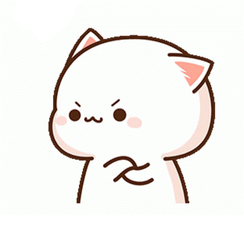 A white cartoon cat pouts with one paw held to its chest.