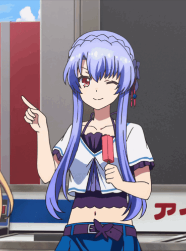 a girl with long blue hair is holding a popsicle and pointing at something