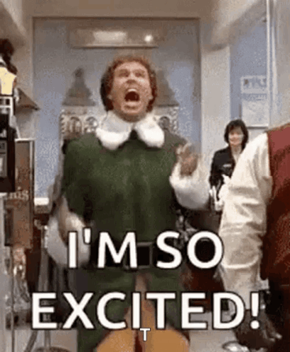 A person in an apron throws their arms up excitedly with “I’M SO EXCITED!” text.
