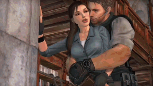 a man and a woman are hugging in a library