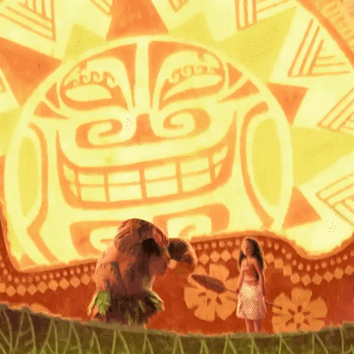 Maui and Moana stand before a large glowing sun mural in an animated island scene.