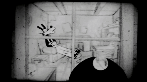 a black and white drawing of a cartoon character in a room