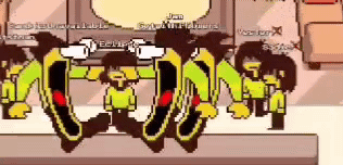 a group of cartoon characters are standing next to each other in a room in a game .