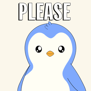 A blue cartoon penguin looks upward beneath a large “PLEASE.”