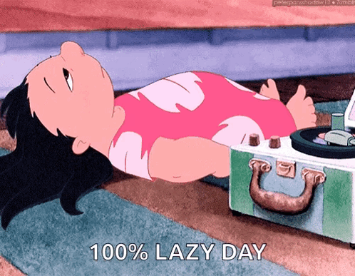 Lilo lies upside down on the floor, captioned “100% LAZY DAY.”
