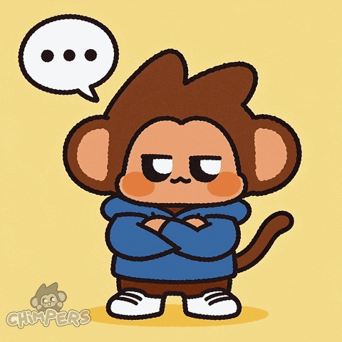 a cartoon of a monkey with his arms crossed and a speech bubble that says chimpers on it