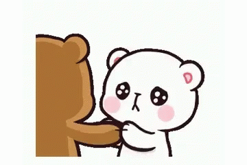 A blushing white cartoon bear hugs a tree with sparkling eyes.
