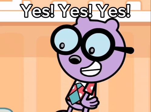 a cartoon character with glasses and the words yes yes yes behind him