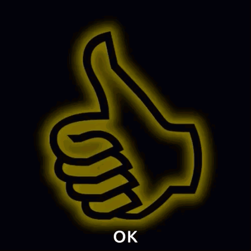 A glowing yellow neon thumbs-up sign shines on black.