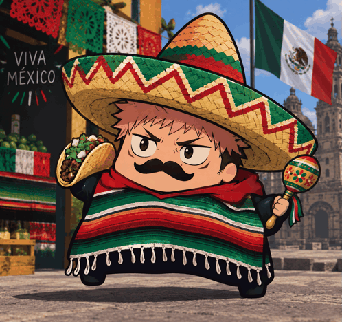 a cartoon character wearing a sombrero holding a taco and a maracas in front of a sign that says viva mexico