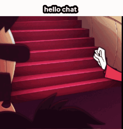 a cartoon character is walking up a set of red stairs with the words hello chat above him