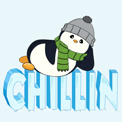 A bundled-up cartoon penguin rests against icy blue “CHILLIN” letters.